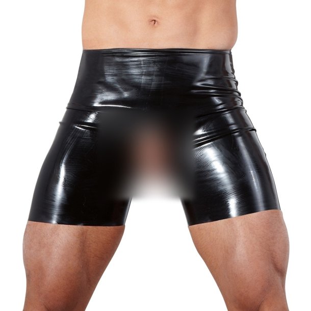 Late X svartar latexshorts vi� opningi framman